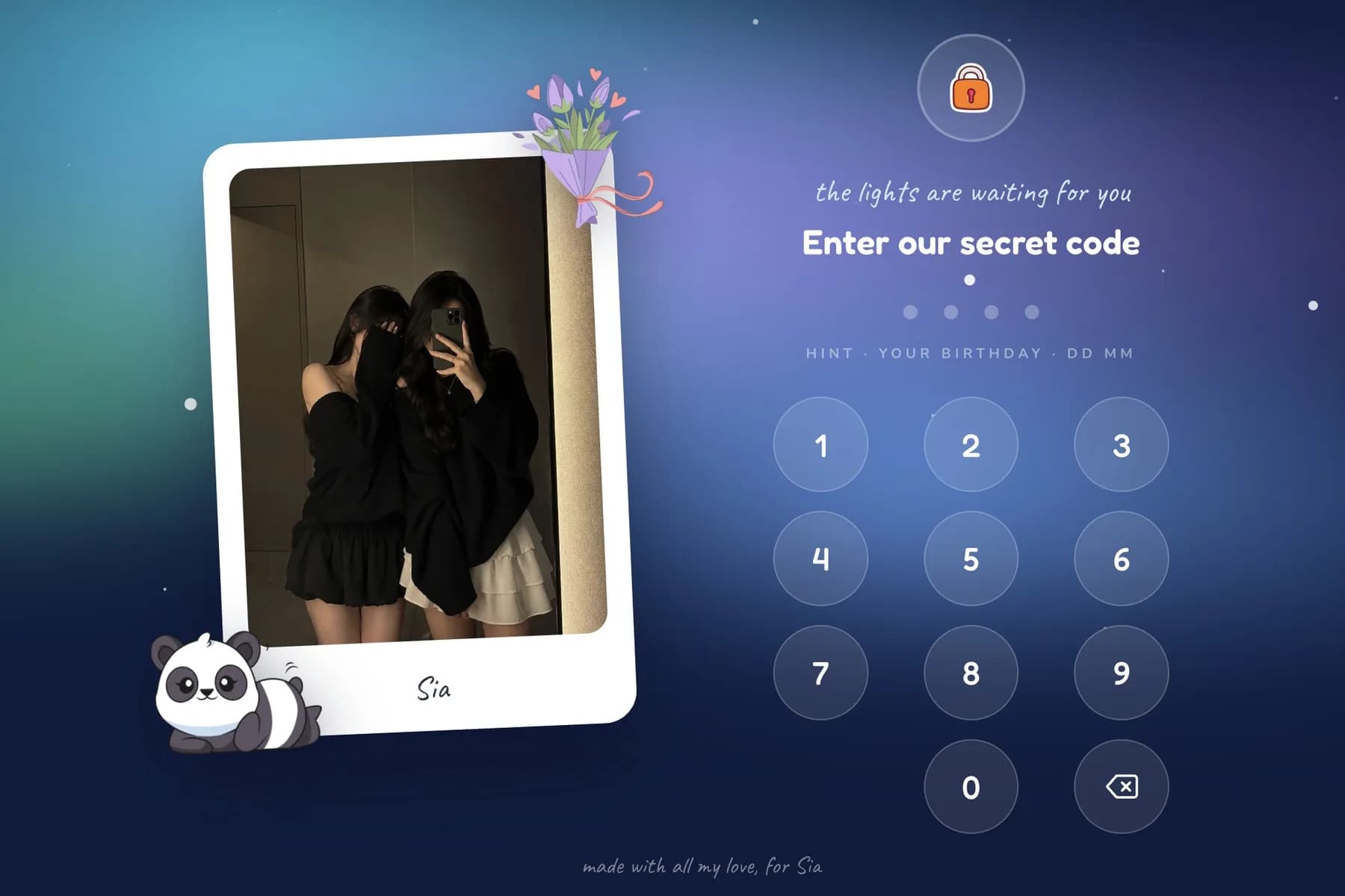 A birthday website for a best friend in the Aurora design, night blue with a photo of two friends and the four digit code screen