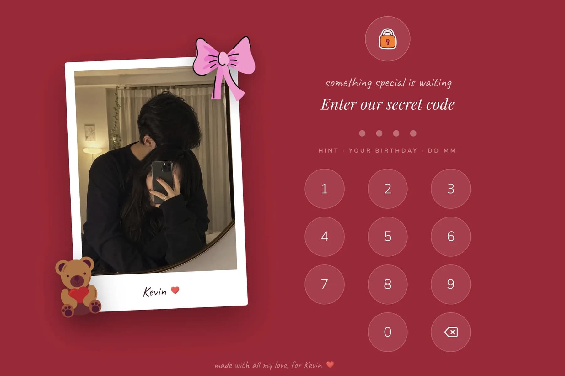 A birthday website for a boyfriend in the Rosewood design, showing a couple photo, a bow and the four digit code screen