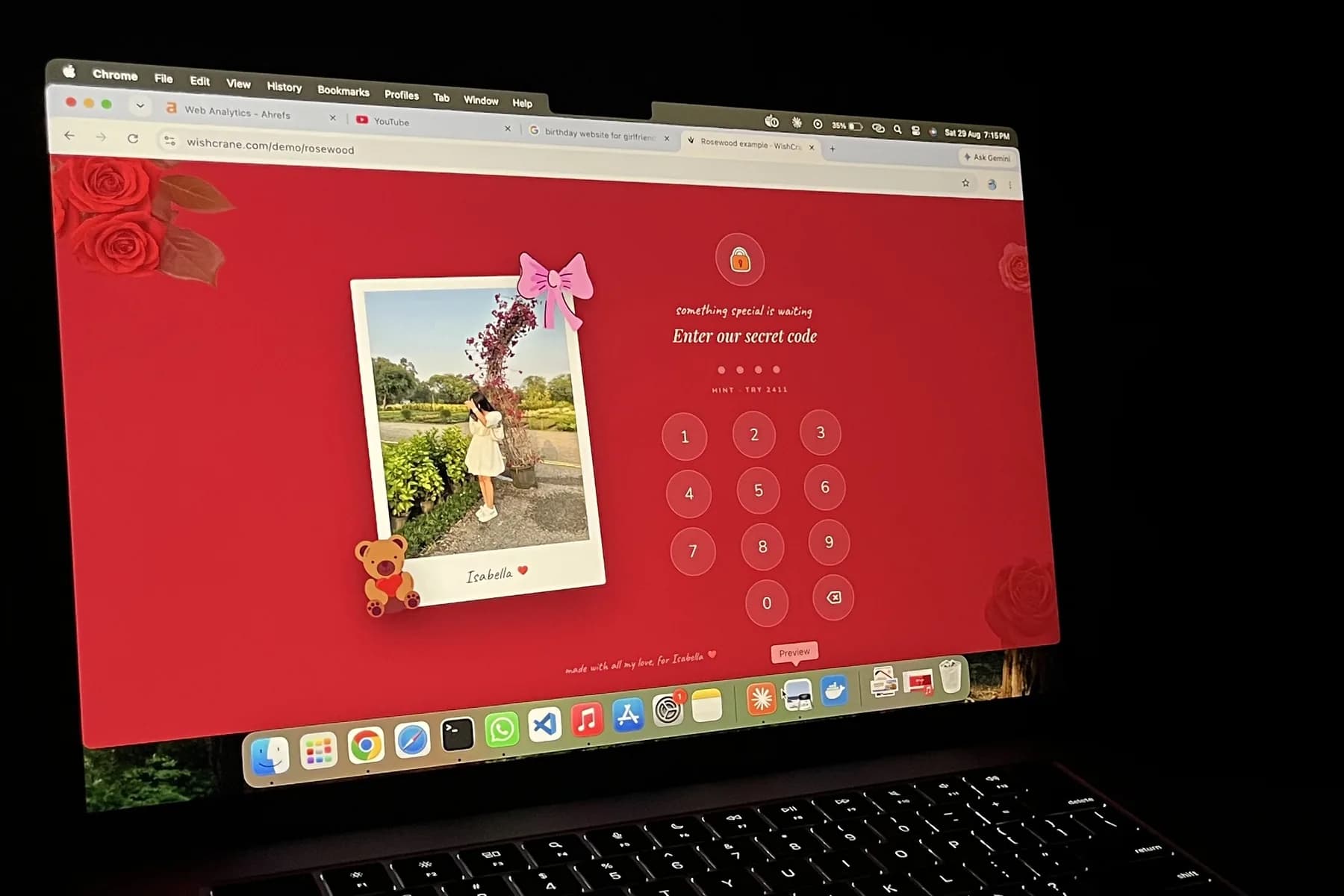 The Rosewood birthday website design for a girlfriend, deep red with roses and a teddy on the lock screen