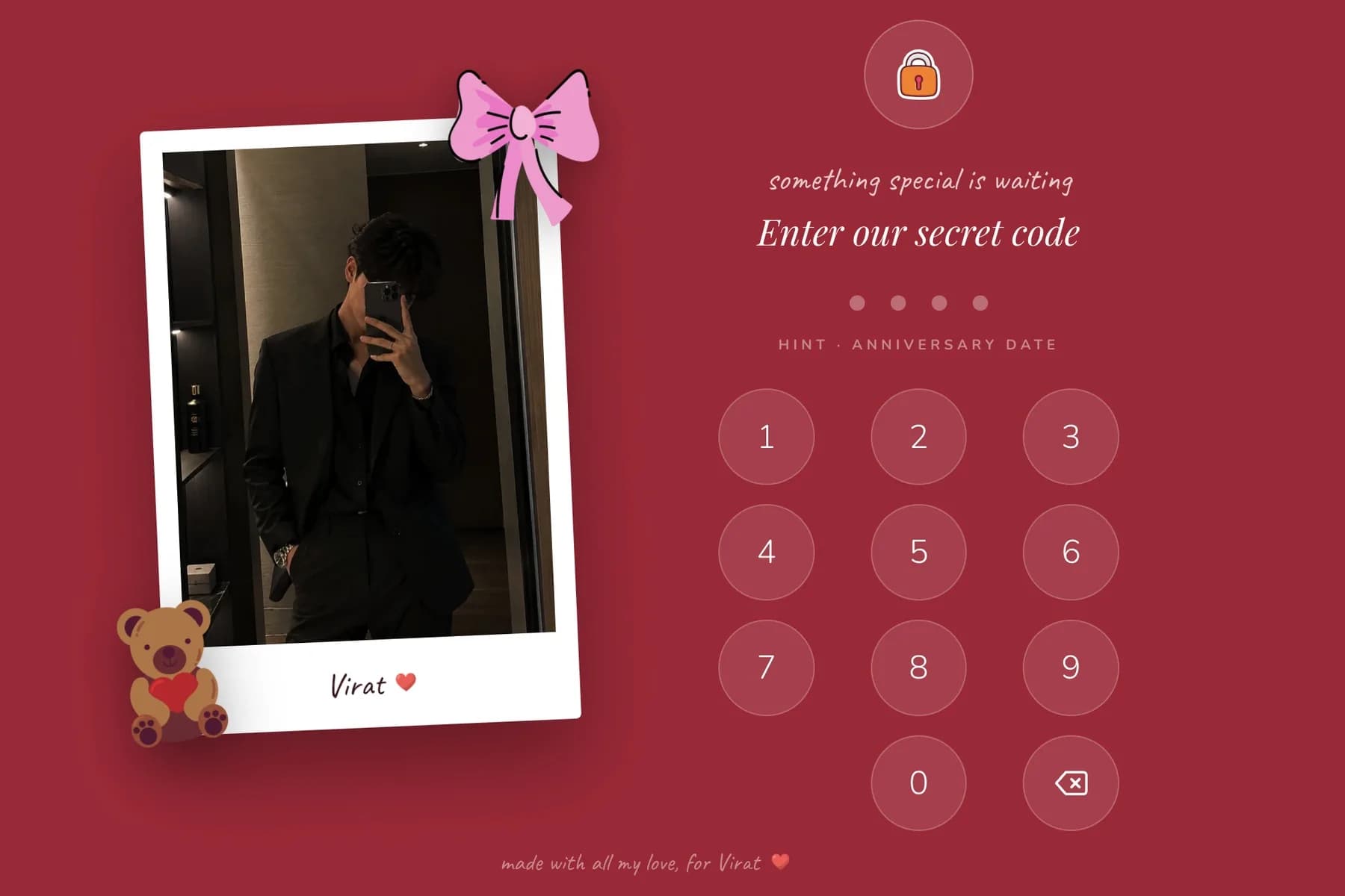 A birthday website for a husband in the Rosewood design, deep red with his photo, a teddy and the four digit code screen