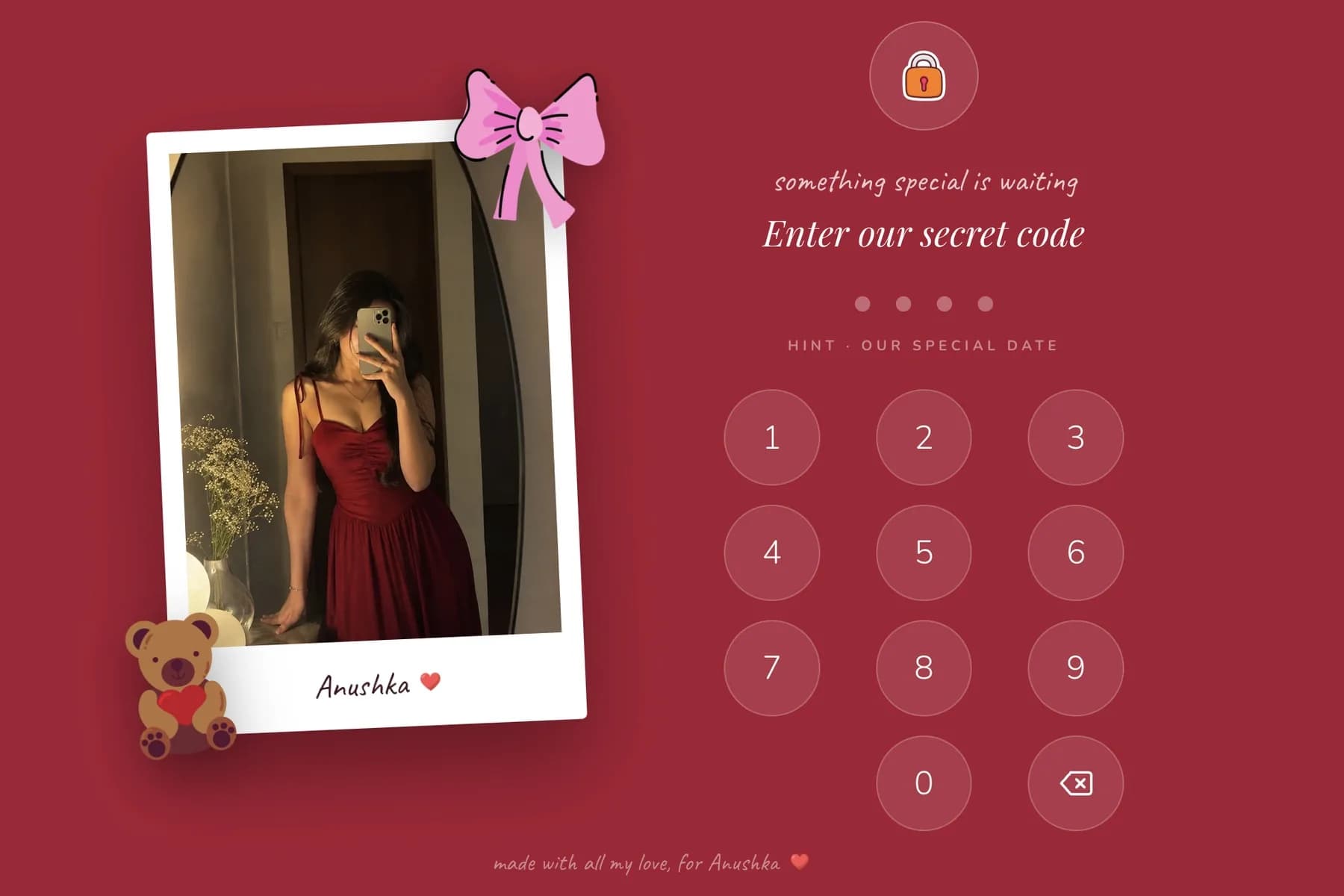 A birthday website for a wife in the Rosewood design, deep red with her photo, a teddy and the four digit code screen